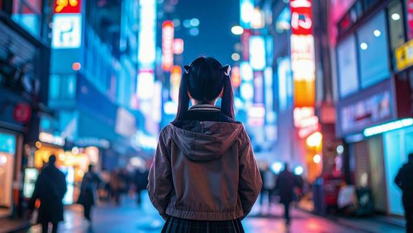 夜の街に戸惑う若い女性 夜の街に戸惑う若い女性の写真