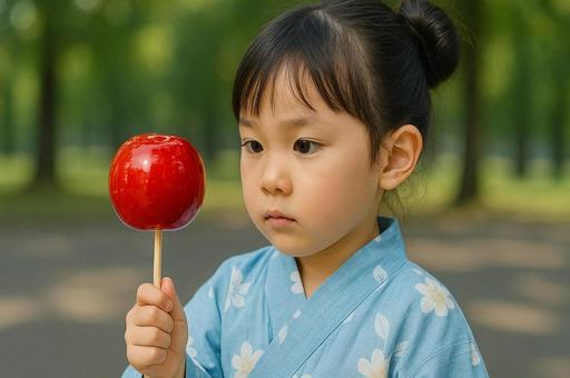 浴衣姿の女の子がりんご飴を見つめている 浴衣姿の女の子がりんご飴を見つめているの写真