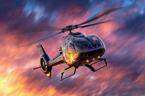 空高く舞い上がるヘリコプターと夕日 空高く舞い上がるヘリコプターと夕日の写真