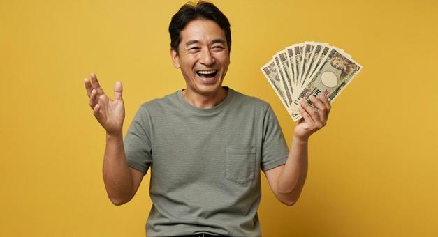 お札を手にして喜ぶ男性 お札を手にして喜ぶ男性の写真