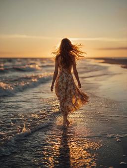 夕日を浴びて輝く海辺の美しい女性の後ろ姿 夕日を浴びて輝く海辺の美しい女性の後ろ姿の写真