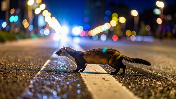 イタチ夜道路横切る2 イタチ夜道路横切る2の写真