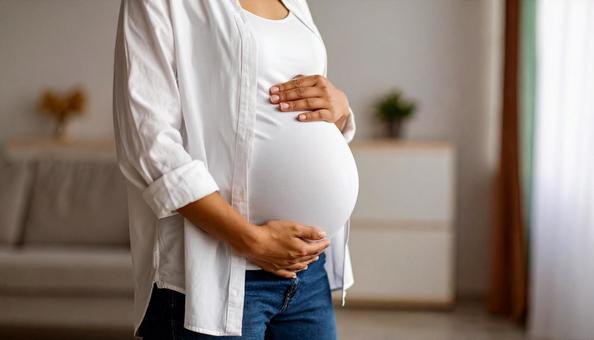 白いシャツを着た日本人妊婦の臨月のお腹 白いシャツを着た日本人妊婦の臨月のお腹の写真