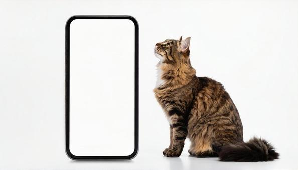 スマホを見上げる猫 スマホを見上げる猫の写真