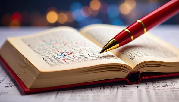 研究イメージ 英語の論文背景に本、赤ペン 研究イメージ 英語の論文背景に本、赤ペンの写真