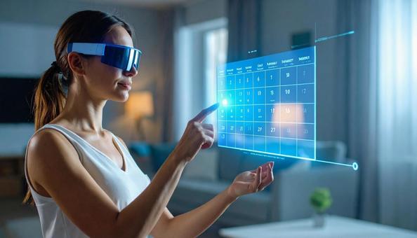 ホログラムカレンダーを見る女性の写真