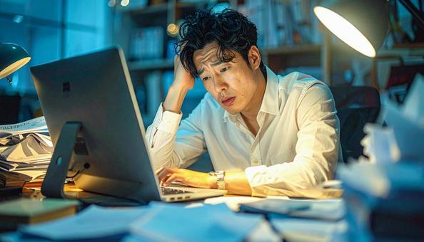 深夜残業する男性社員 深夜残業する男性社員の写真