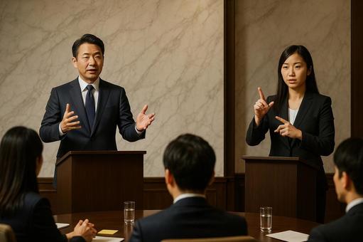 CEO会見と手話通訳者 CEO会見と手話通訳者の写真