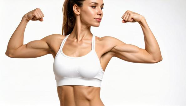 力こぶを作る女性のポートレート　腕の写真