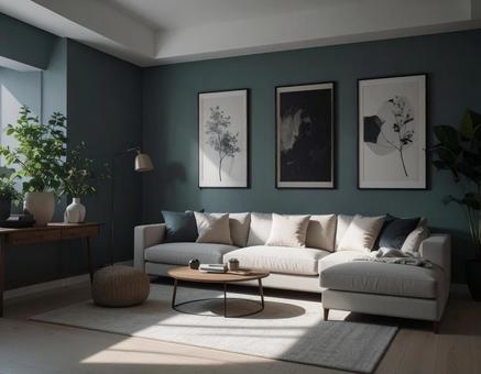 お洒落なリビングルーム（モノトーン）の写真