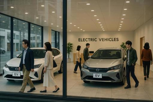 ショールームに展示された複数の電気自動車 ショールームに展示された複数の電気自動車の写真