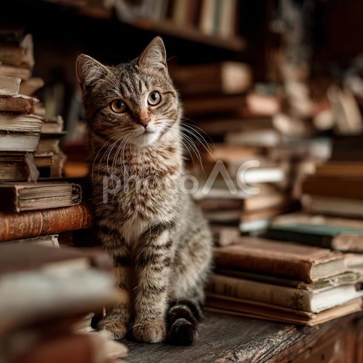 たくさんの本と猫 ねこ,ペット,動物の写真素材