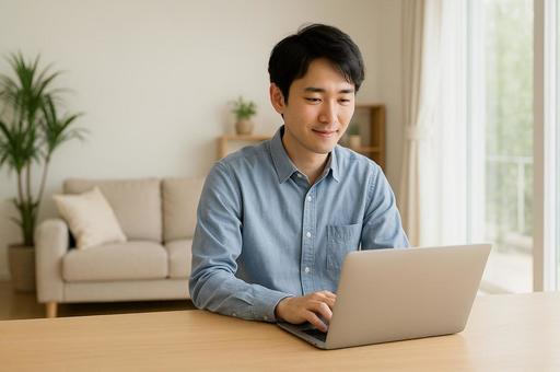 家でパソコンを開く男性 家でパソコンを開く男性の写真