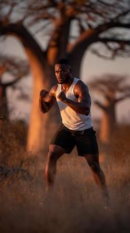 屋外でトレーニングに励む屈強なボクサー 屋外でトレーニングに励む屈強なボクサーの写真