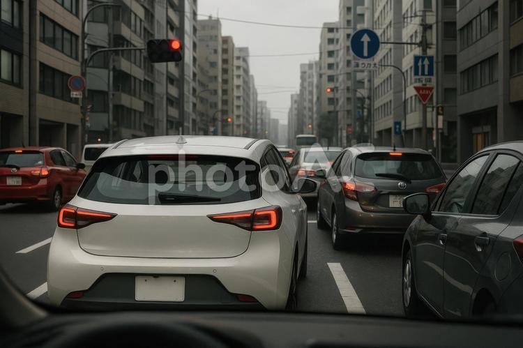 都市の交差点で停車中の電気自動車 電気自動車,ev,都市の写真素材