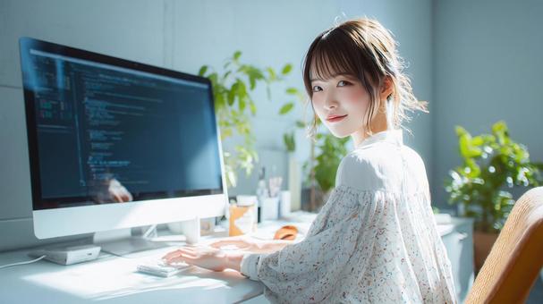 PCで仕事をするクリエイターの若い女性 PCで仕事をするクリエイターの若い女性の写真
