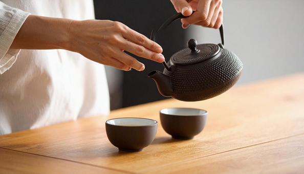 テーブルの上の急須と湯呑 テーブルの上の急須と湯呑の写真