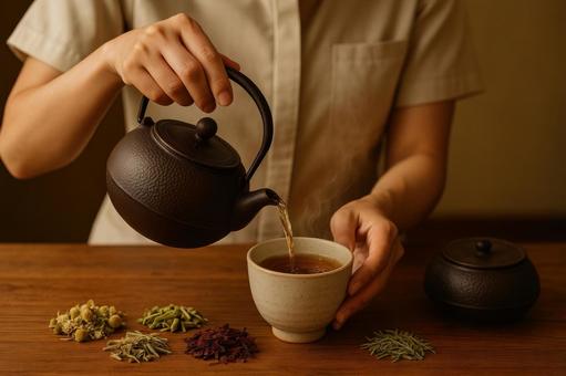 セラピストがハーブティーを注ぐ様子 セラピストがハーブティーを注ぐ様子の写真
