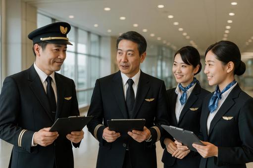 出発前に打ち合わせをする乗務員たち 出発前に打ち合わせをする乗務員たちの写真
