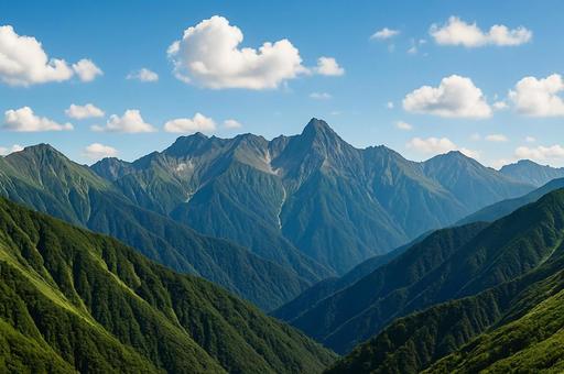 山の稜線と青空の絶景・山岳風景・晴天の写真