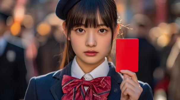 レッドカードを掲げる女子高生2 レッドカードを掲げる女子高生2の写真