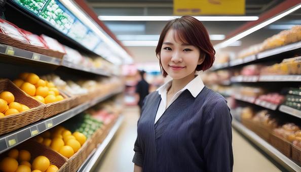 スーパーマーケットに立つ女性の写真