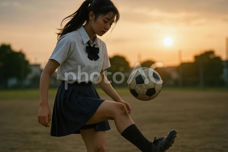 リフティングをする女子高校生 女子サッカー,日本,リフティングの写真素材