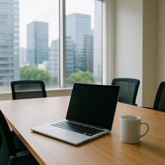 ノートPCとカップが置かれた明るい会議室 ノートPCとカップが置かれた明るい会議室の写真