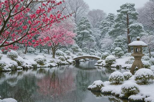 日本庭園の初雪と梅の花の写真