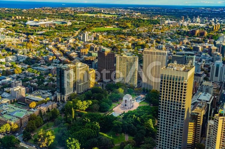 夕日に染まるシドニー街並み ビル,高層ビル,公園の写真素材