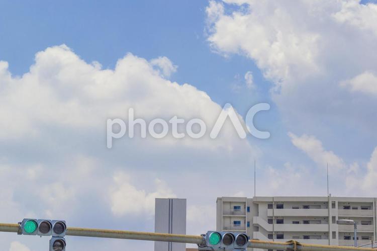 夏の青空とマンションと信号 青空,雲,マンションの写真素材