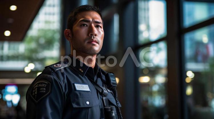 遠くを見るアジア人の男性警備員：警察官 警察官,警備員,アジア人の写真素材