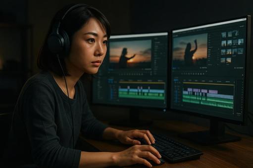 映像編集に集中する女性 映像編集に集中する女性の写真