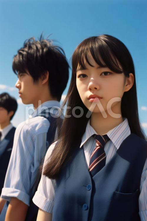 青空に映える爽やかな高校生ポートレート 学生服,爽やか,refreshingの写真素材