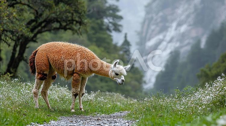春山のアルパカ アルパカ,山道,春の写真素材