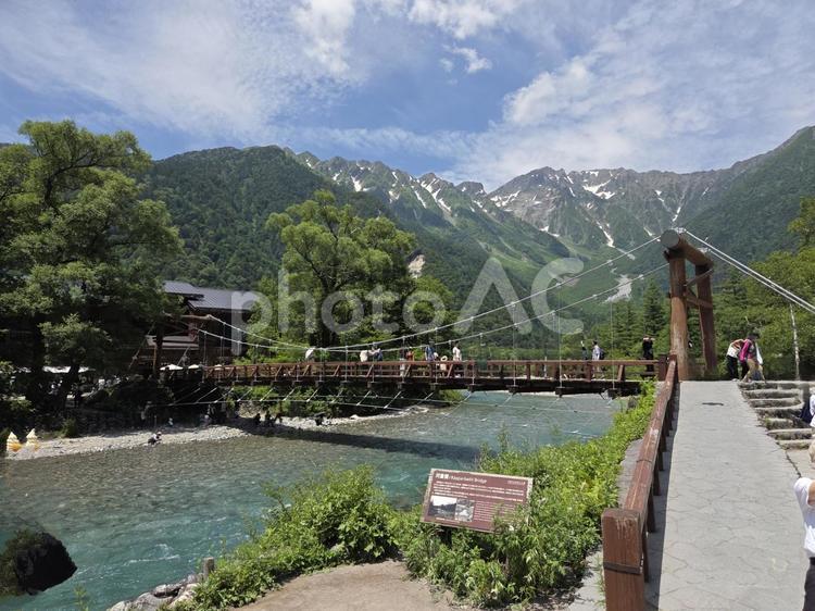 上高地　初夏　河童橋　さわやか　新緑　 風景,自然,旅の写真素材