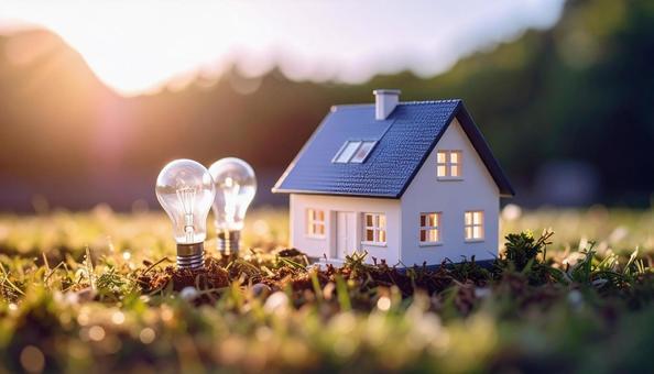 省エネのイメージ 電球とミニチュアの家 省エネのイメージ 電球とミニチュアの家の写真