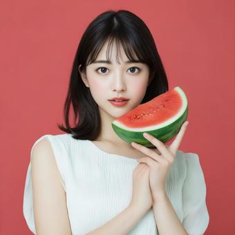 スイカを顔に近づけたポートレート スイカを顔に近づけたポートレートの写真