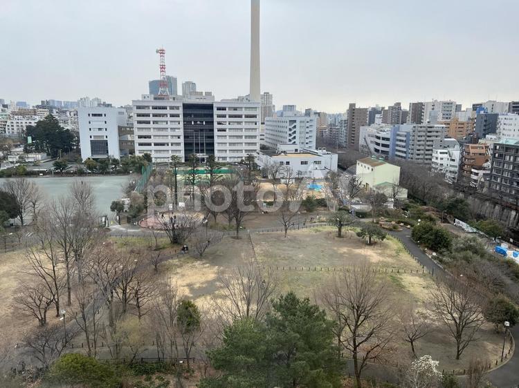 建物から公園と工場を見下ろした風景 公園,見下ろす,工場の写真素材