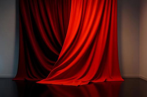 二色の赤幕が交差するモダン舞台構図の写真