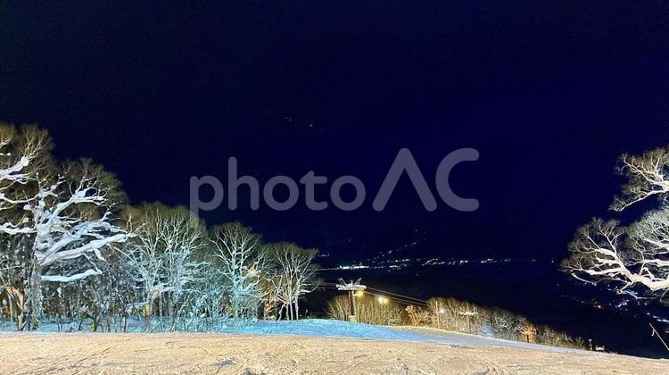 スキー場の白樺の林と遠くに見える街並み 夜,夜空,夜間の写真素材