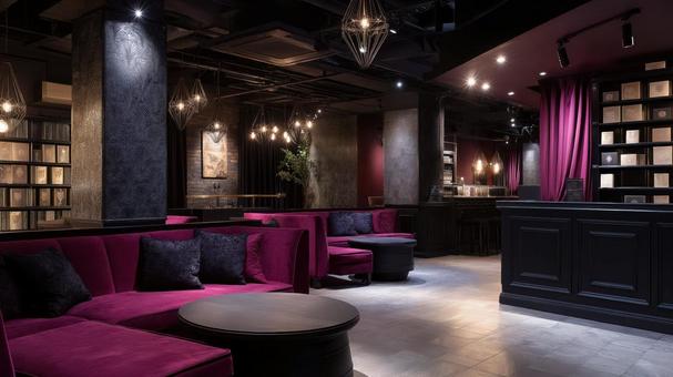 紫のソファが並ぶモダンな高級ラウンジの写真