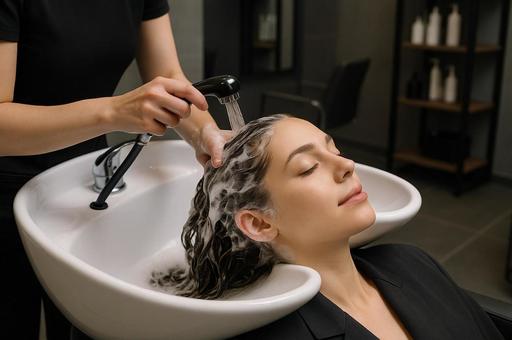 シャンプーされている外国人女性の写真