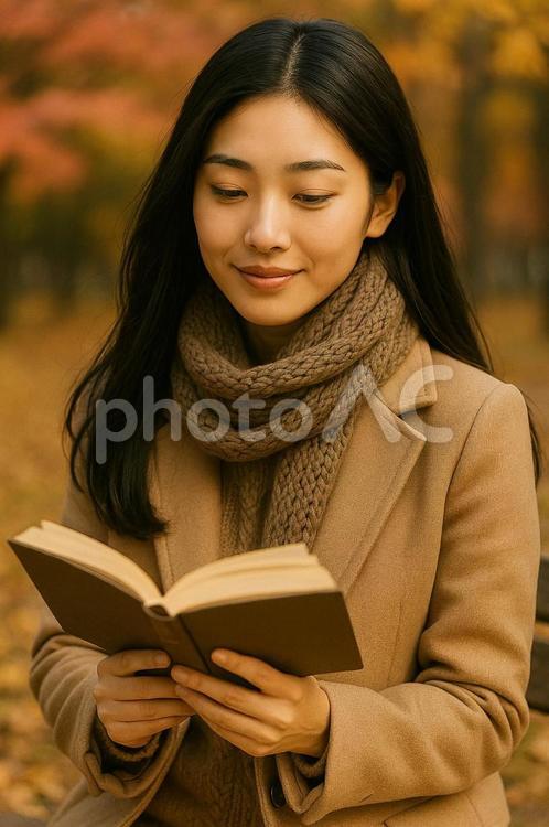 本を読む女性のポートレート秋ファッション 秋,読書,本の写真素材