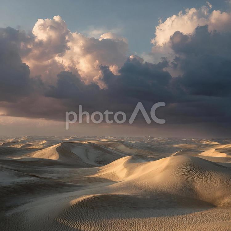 砂丘に広がる夕焼けの空と雲 砂漠,砂丘,風紋の写真素材