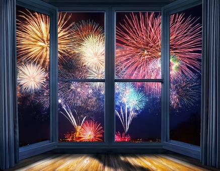 窓の外の打ち上げ花火 窓の外の打ち上げ花火の写真