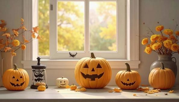 窓際のハロウィンデコレーション 窓際のハロウィンデコレーションの写真