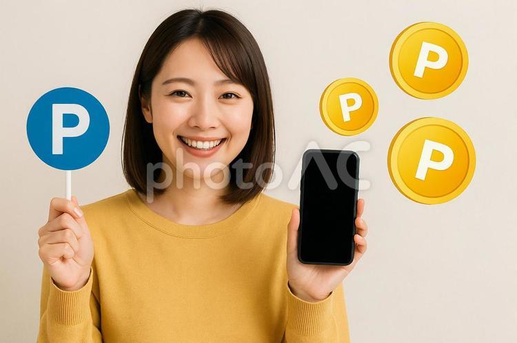 ポイント制度を紹介する笑顔の女性 ポイント,笑顔,案内の写真素材