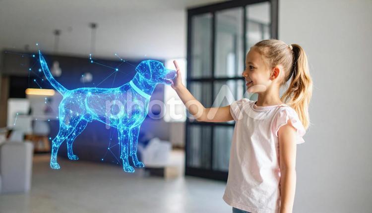 ホログラムペットと笑顔の子ども ホログラム,ペット,子どもの写真素材