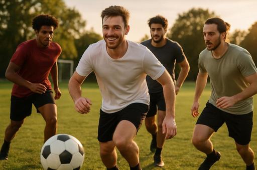 夕日に輝くサッカー試合 夕日に輝くサッカー試合の写真